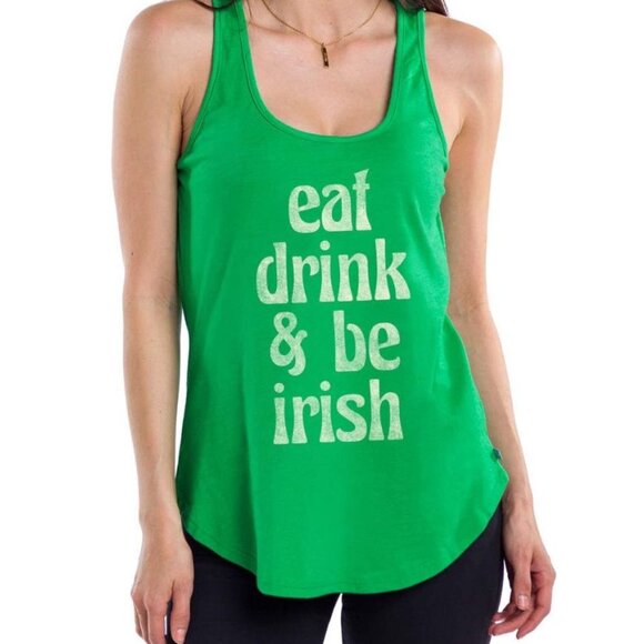 tipsy elves st patrick Eat Drink & Be Irish Womens Racerback Tank Top - Green - Picture 1 of 5